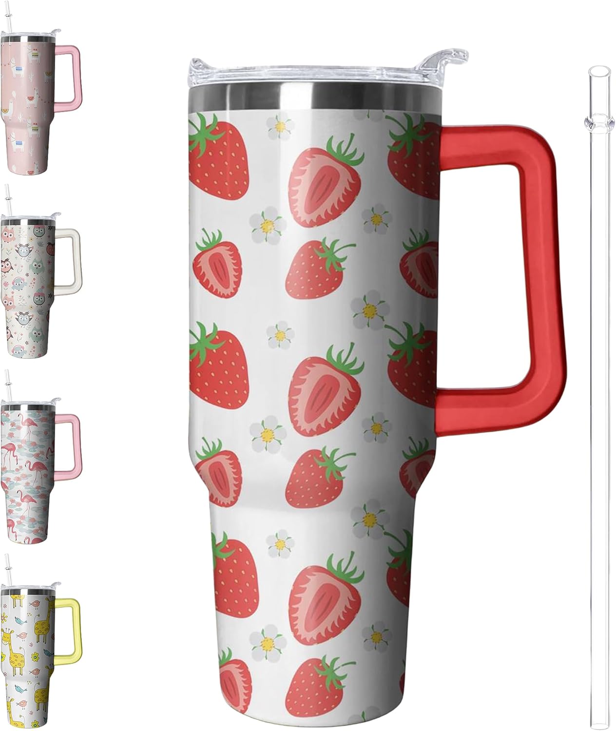 40 oz Strawberry Tumbler with Handle and Straw, Insulated Stainless Steel Cup with Lid, Travel Coffee Mug Water Bottle, Gifts for Women